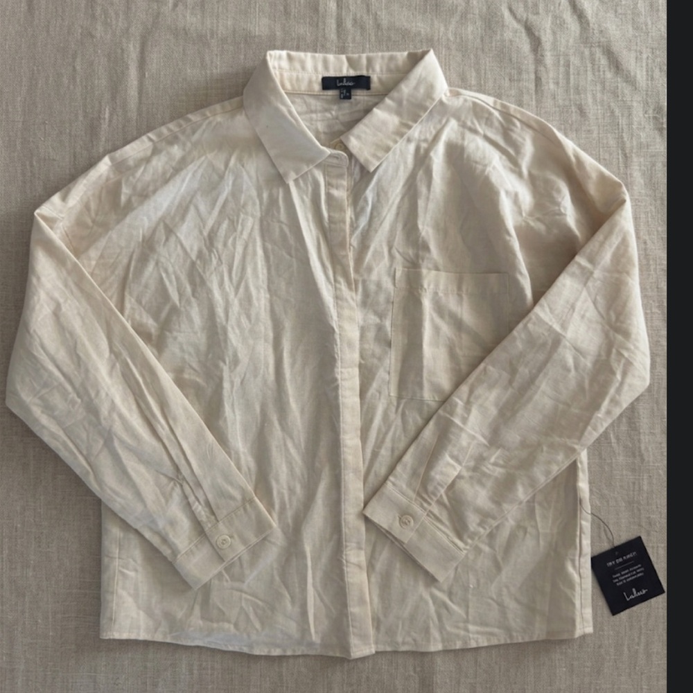 Lulu's Cream Cotton Linen Blend Button-Up Long Sleeve Shirt - Size L —NWT